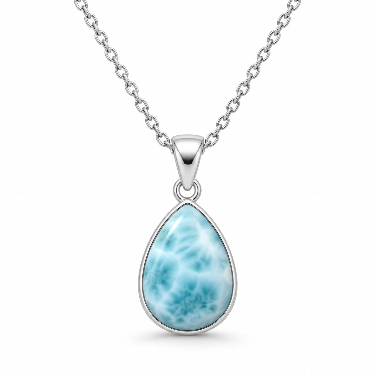 Teardrop larimar pendant on a chain