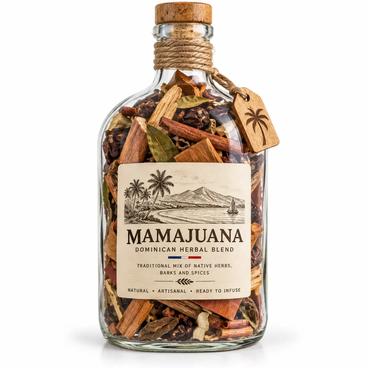 Mamajuana bottle with dried roots and herbs