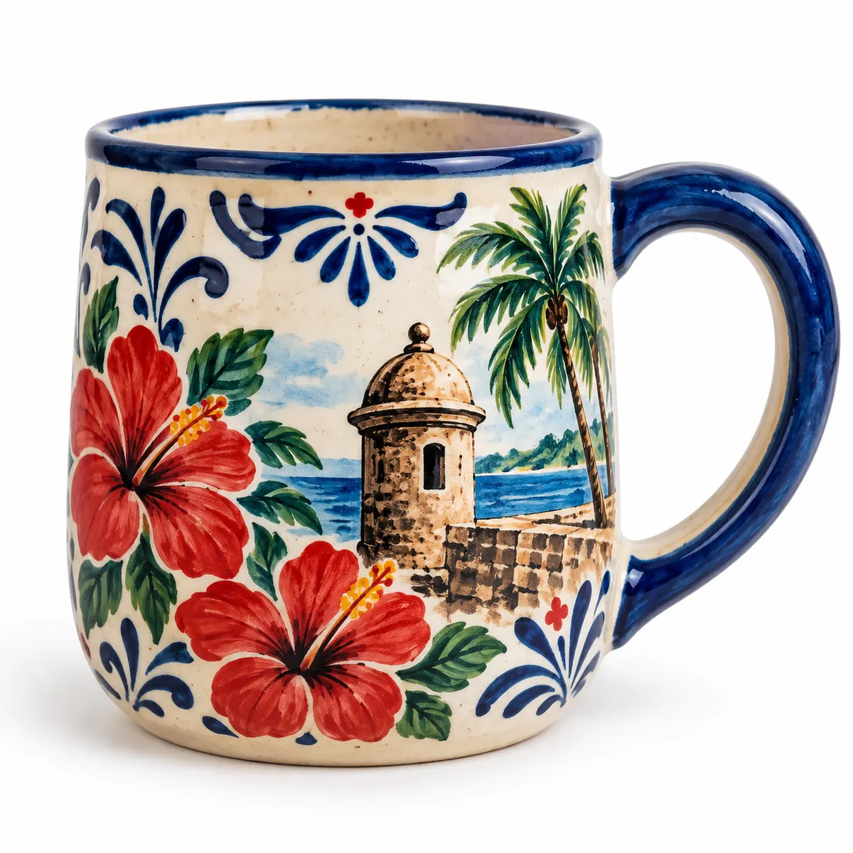 Ceramic mug painted with flowers and a colonial sentry box