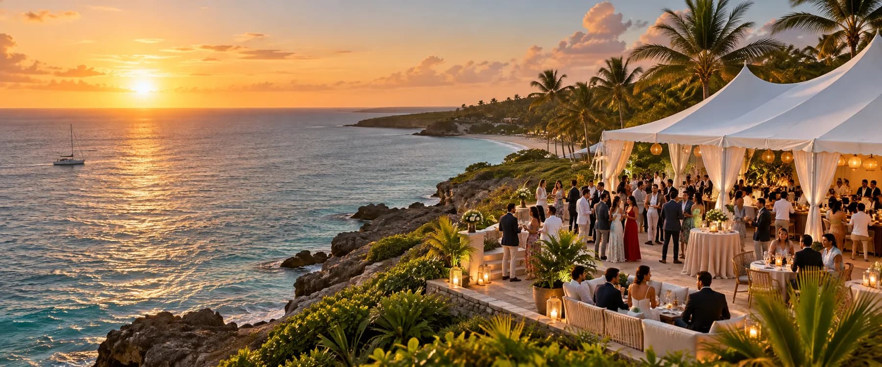 Recepción corporativa nocturna con salones en una terraza frente al mar en República Dominicana