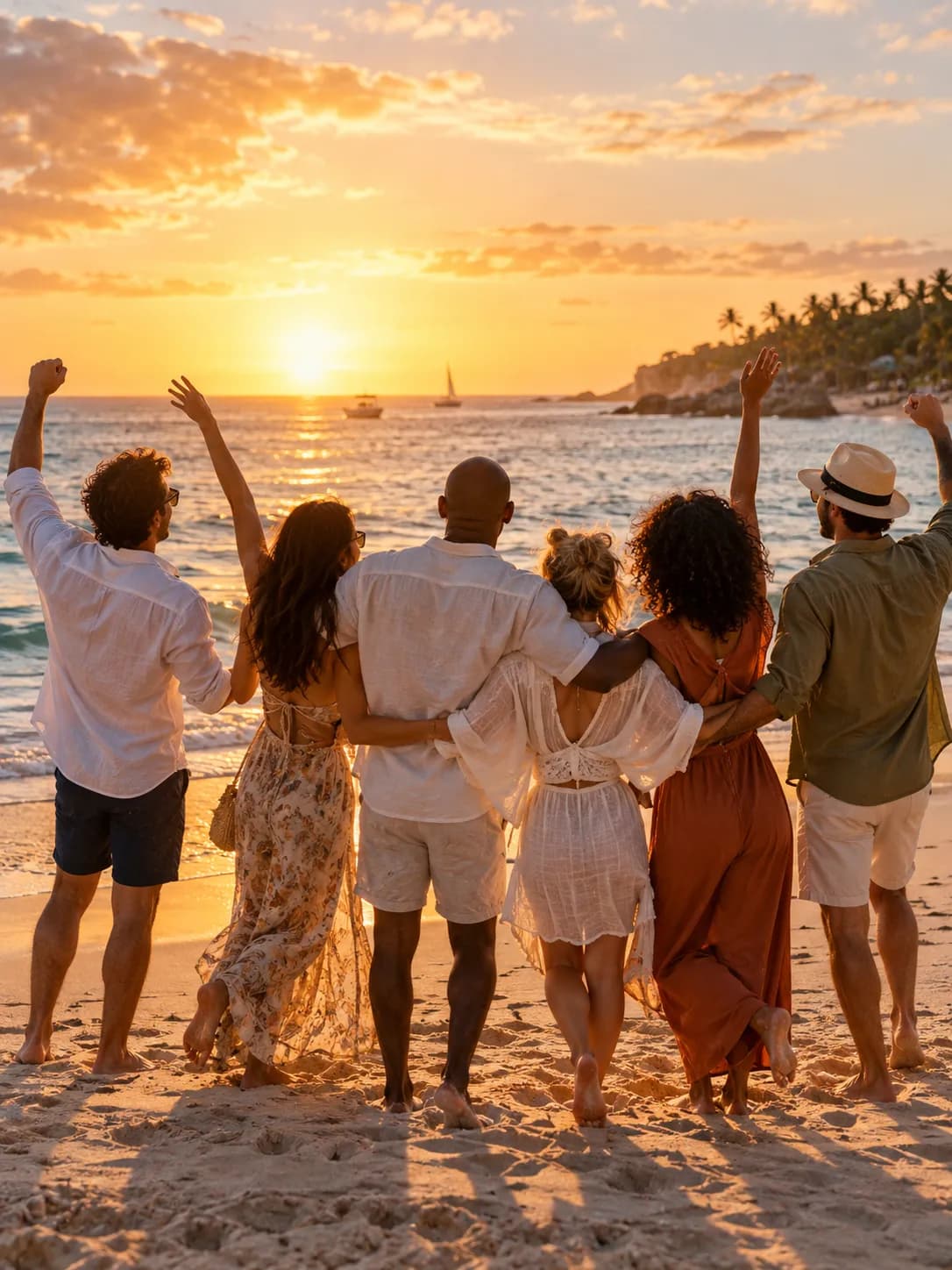 Grupo corporativo reunido en la playa al atardecer en República Dominicana
