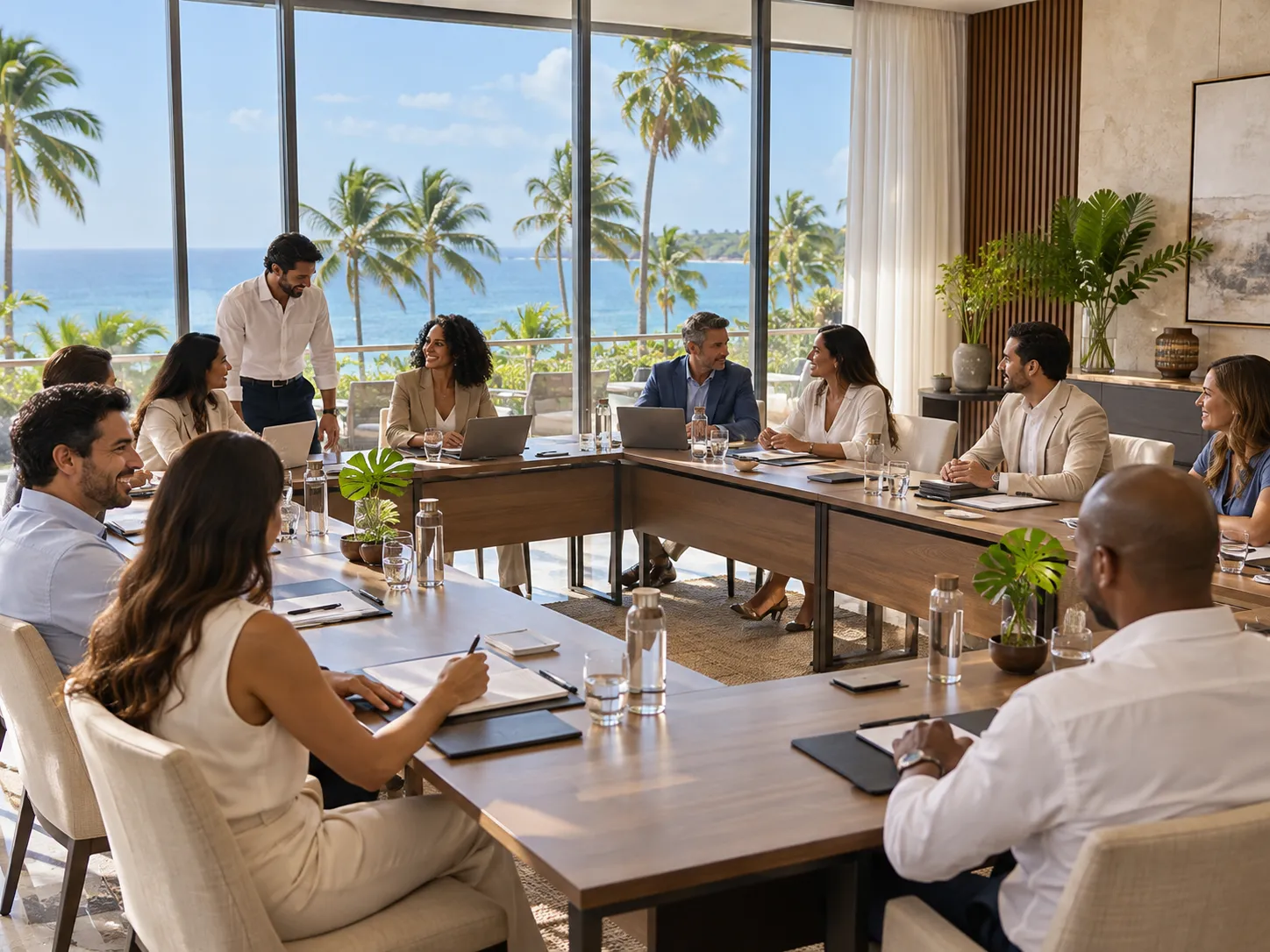 Reunión corporativa en una sala de hotel con vista al mar en Punta Cana