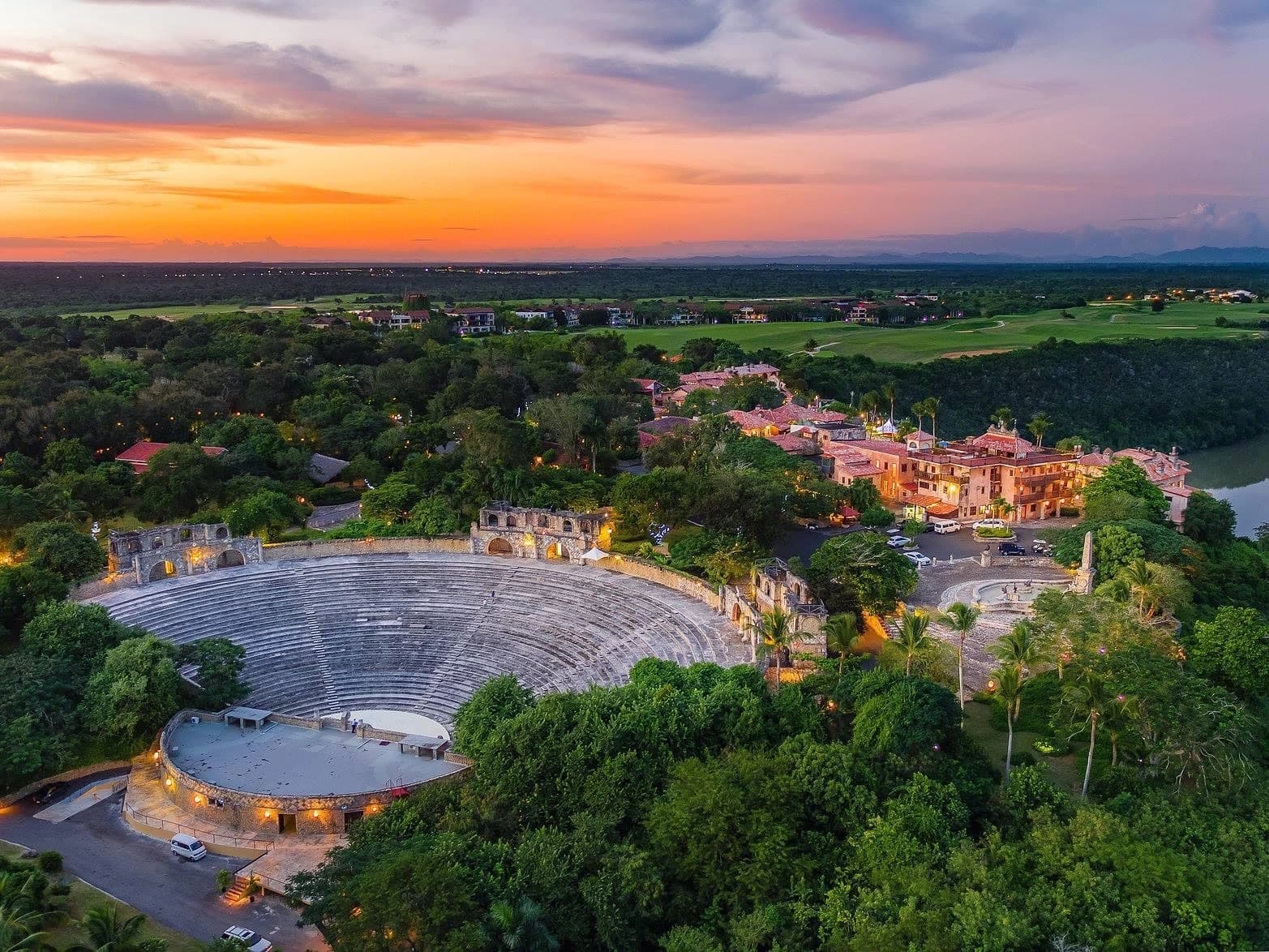 Aerial view of Altos de Chavón amphitheater and village at sunset in La Romana, Dominican Republic.