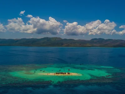 Cayo Arena Paradise Island Drone View Aerial drone view of Cayo Arena, Paradise Island, surrounded by turquoise waters in Monte Cristi, Dominican Republic