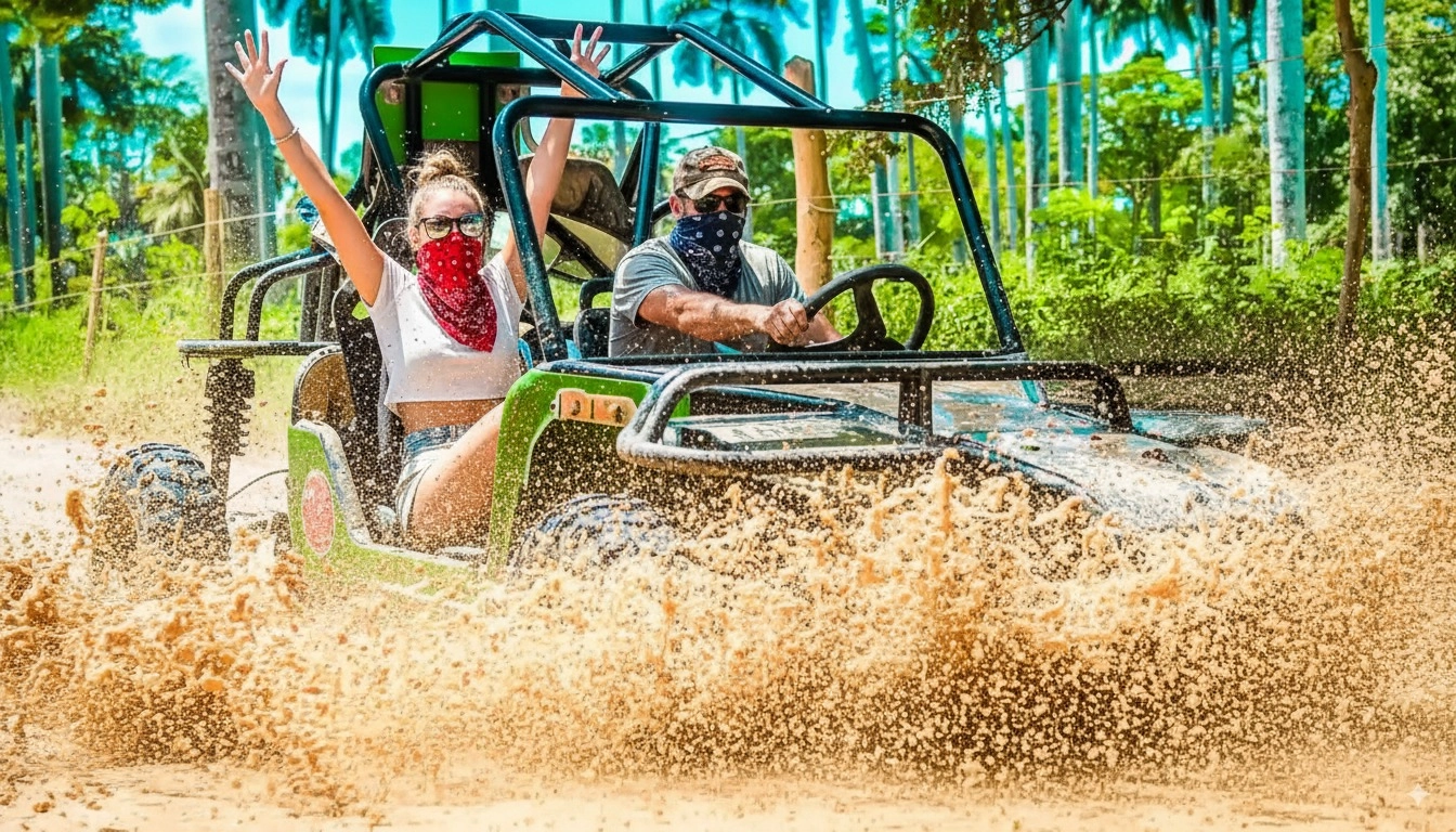 Tourists enjoying Punta Cana ATV buggy tour with mud splash excitement