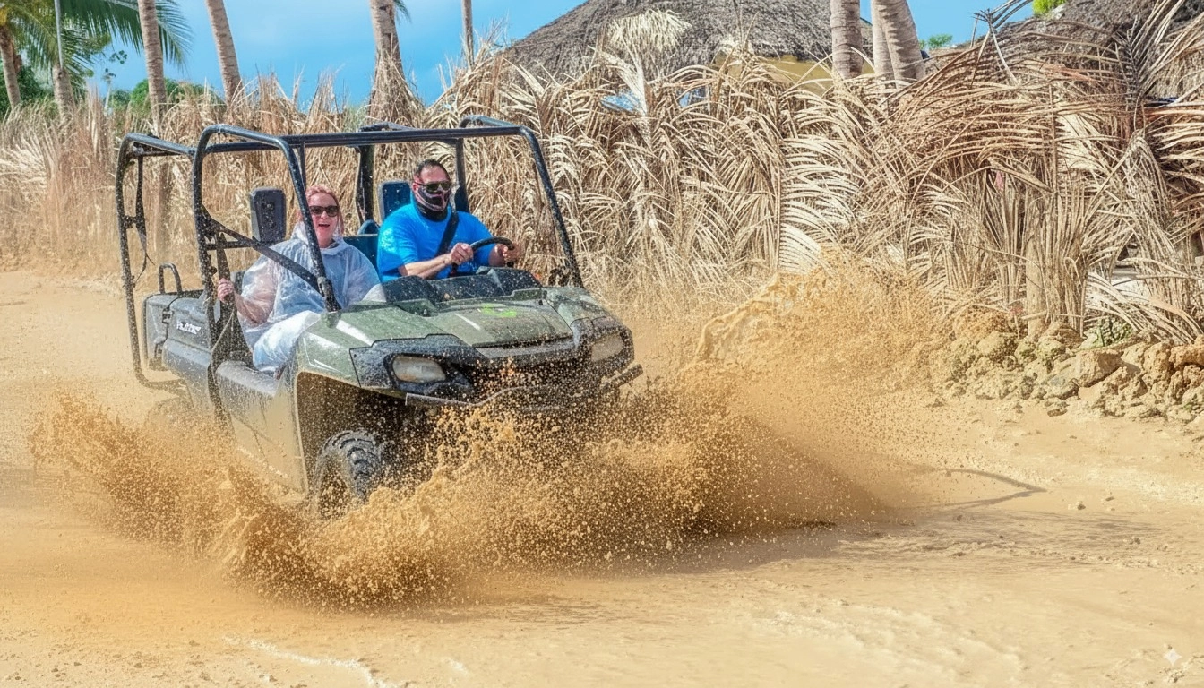 Tourists riding an ATV buggy through a muddy trail in Punta Cana during the ATV Adventure from Santo Domingo