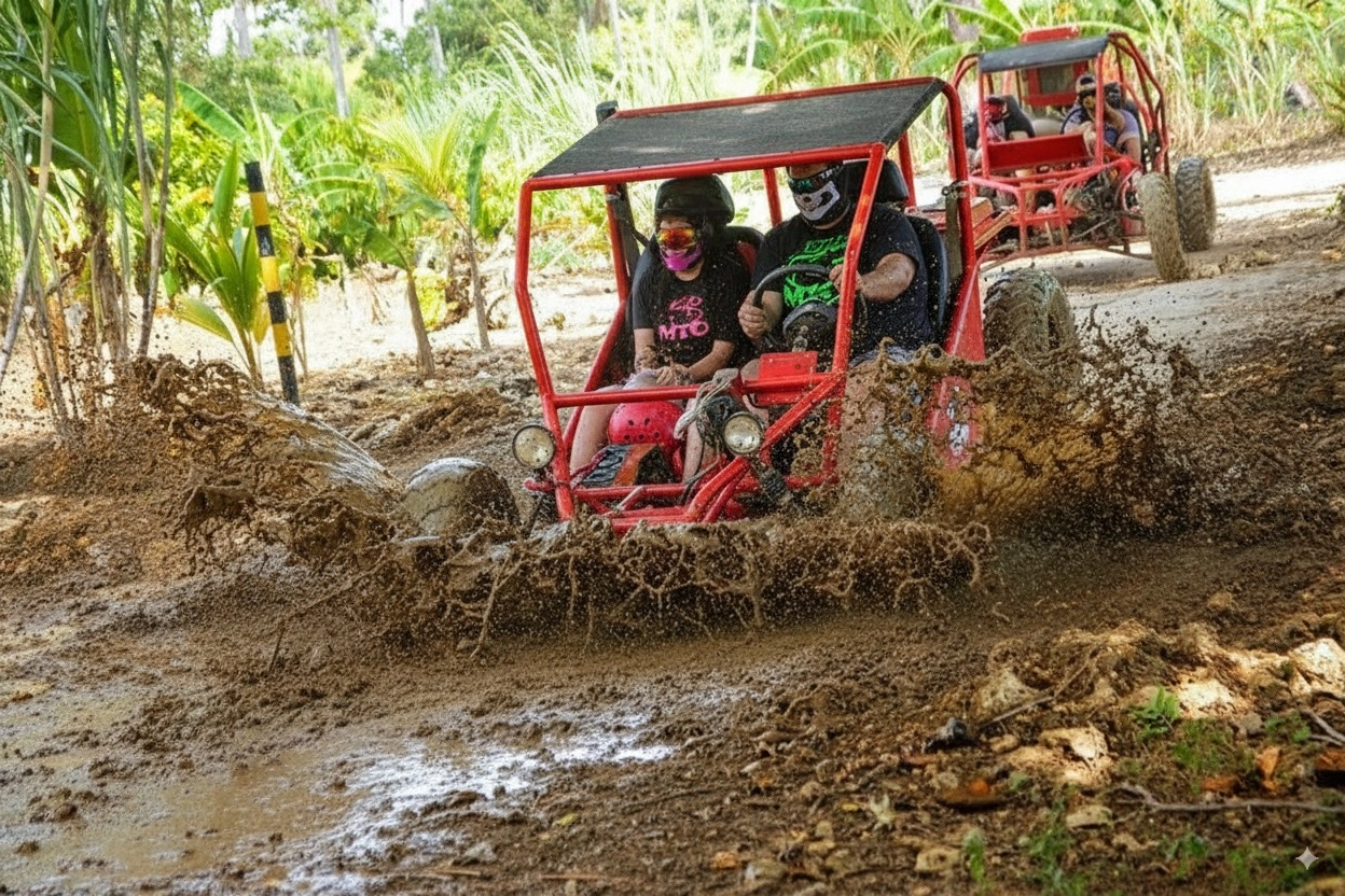 Tourists driving an ATV buggy through mud puddles in Punta Cana during an adventure excursion from Santo Domingo
