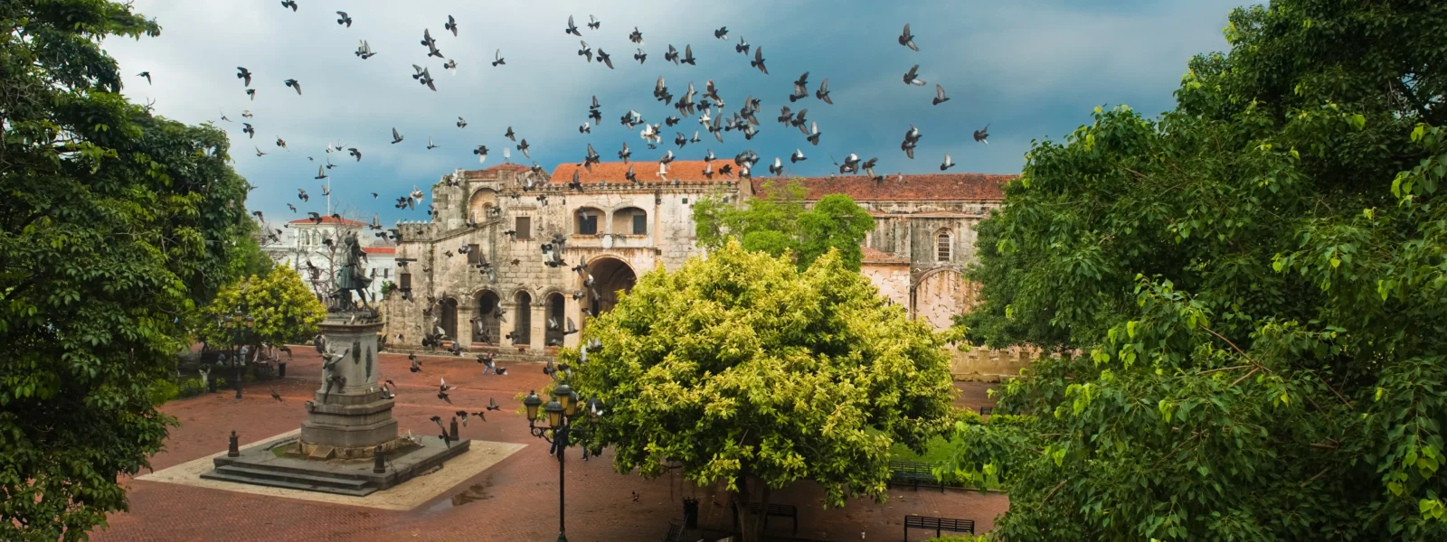 Colonial Zone of Santo Domingo with Columbus statue and the Cathedral Primada de América