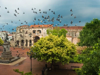 Colonial Zone of Santo Domingo with Columbus statue and the Cathedral Primada de América