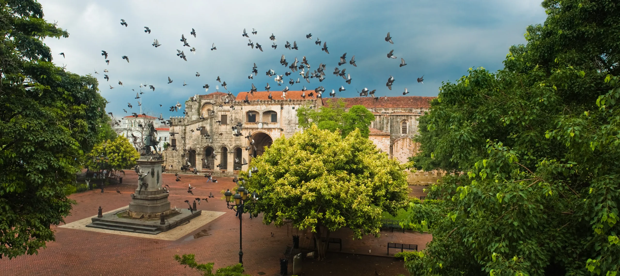 Colonial Zone of Santo Domingo with Columbus statue and the Cathedral Primada de América