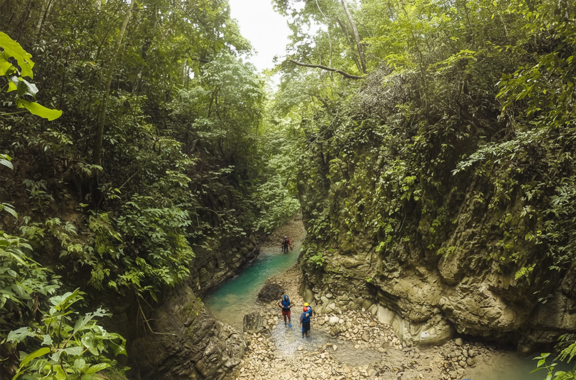 Scenic canyon with turquoise river at 27 Waterfalls of Damajagua in Dominican Republic.