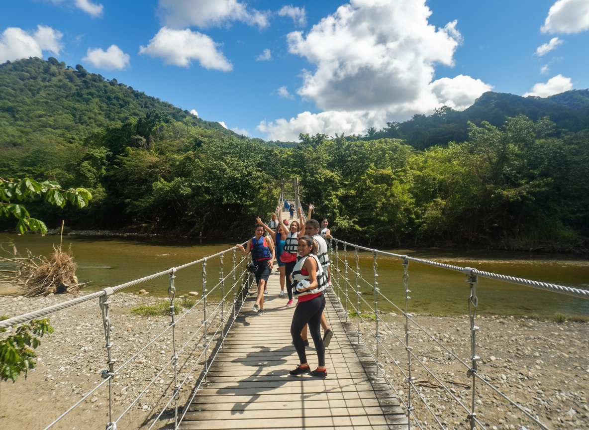Group of hikers crossing the suspension bridge at 27 Waterfalls of Damajagua in Puerto Plata.