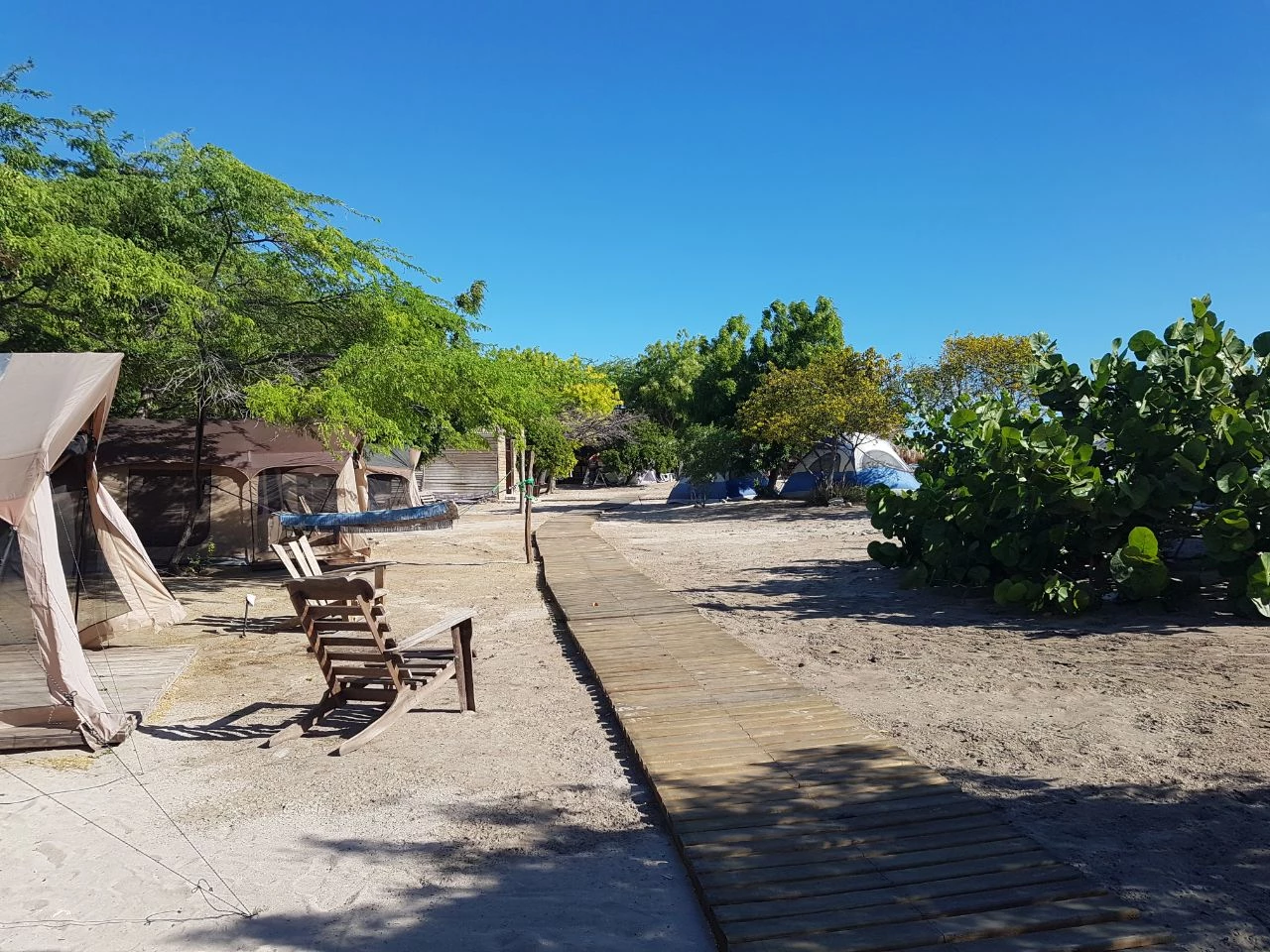 Beach glamping tents and wooden walkway at Cueva de las Águilas, Cabo Rojo Dominican Republic
