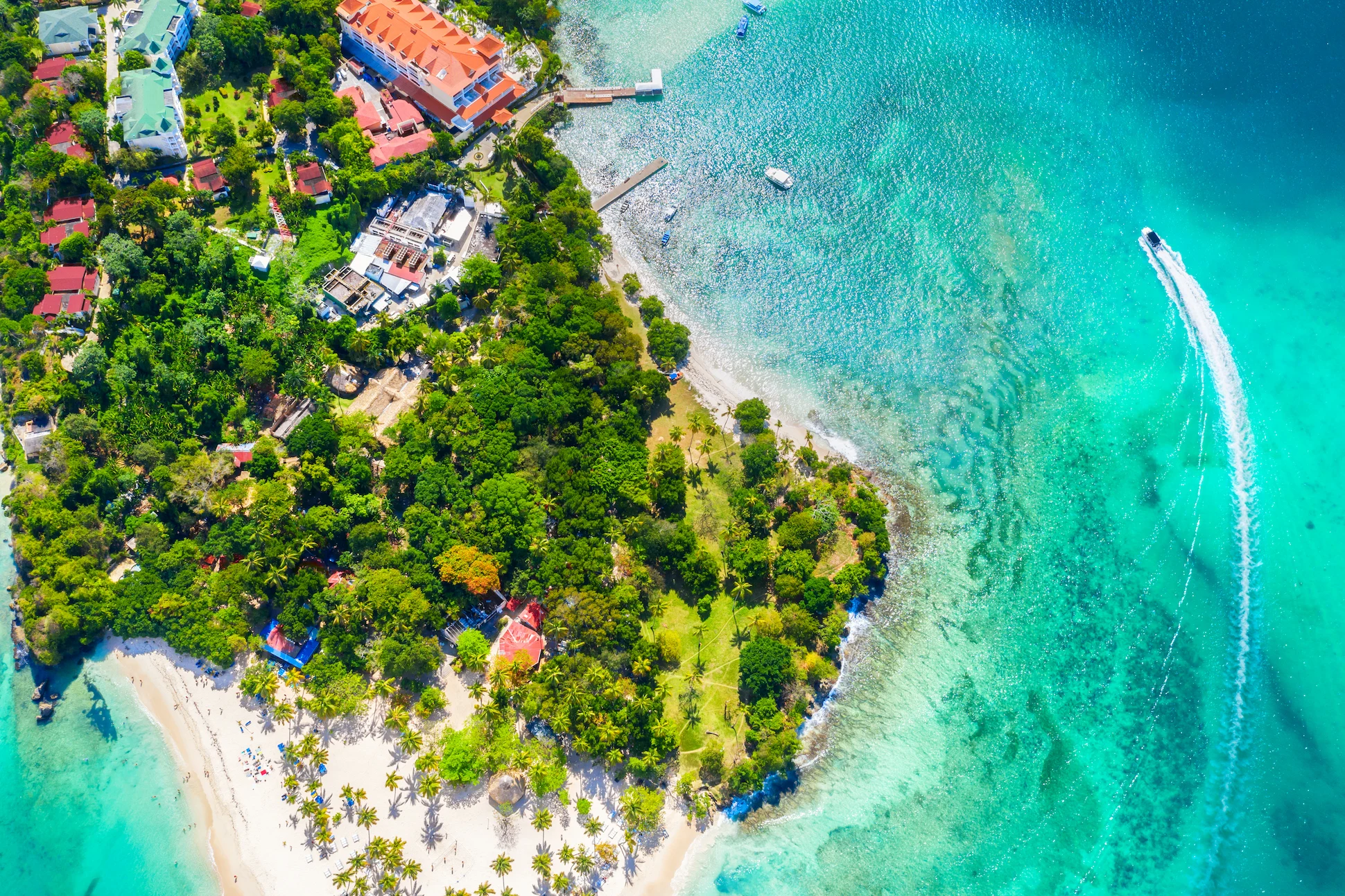 Drone view of Cayo Levantado showing beaches, hotels, and surrounding turquoise sea
