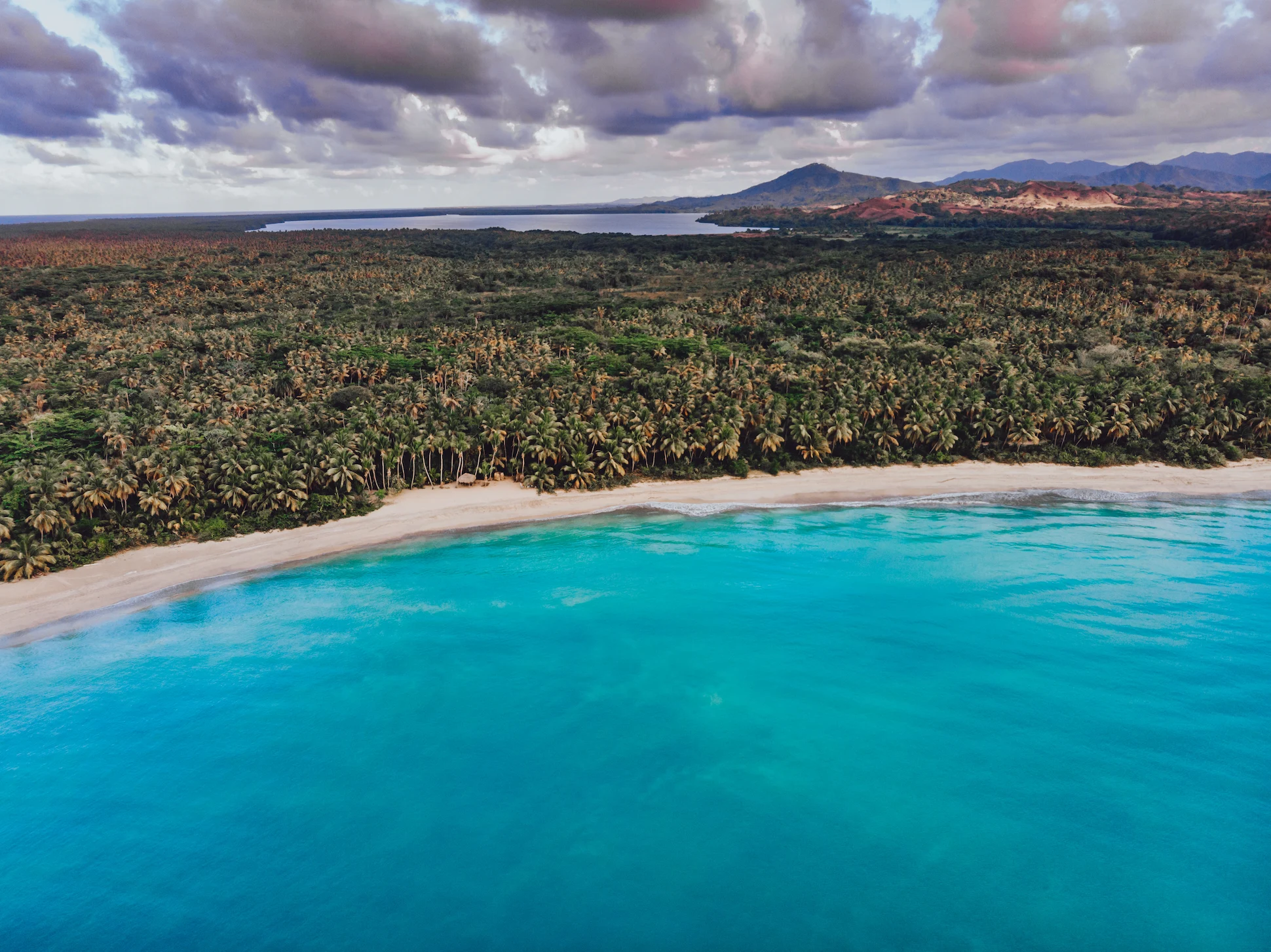 Aerial view of Playa Esmeralda with turquoise waters and palm forest in the Dominican Republic.
