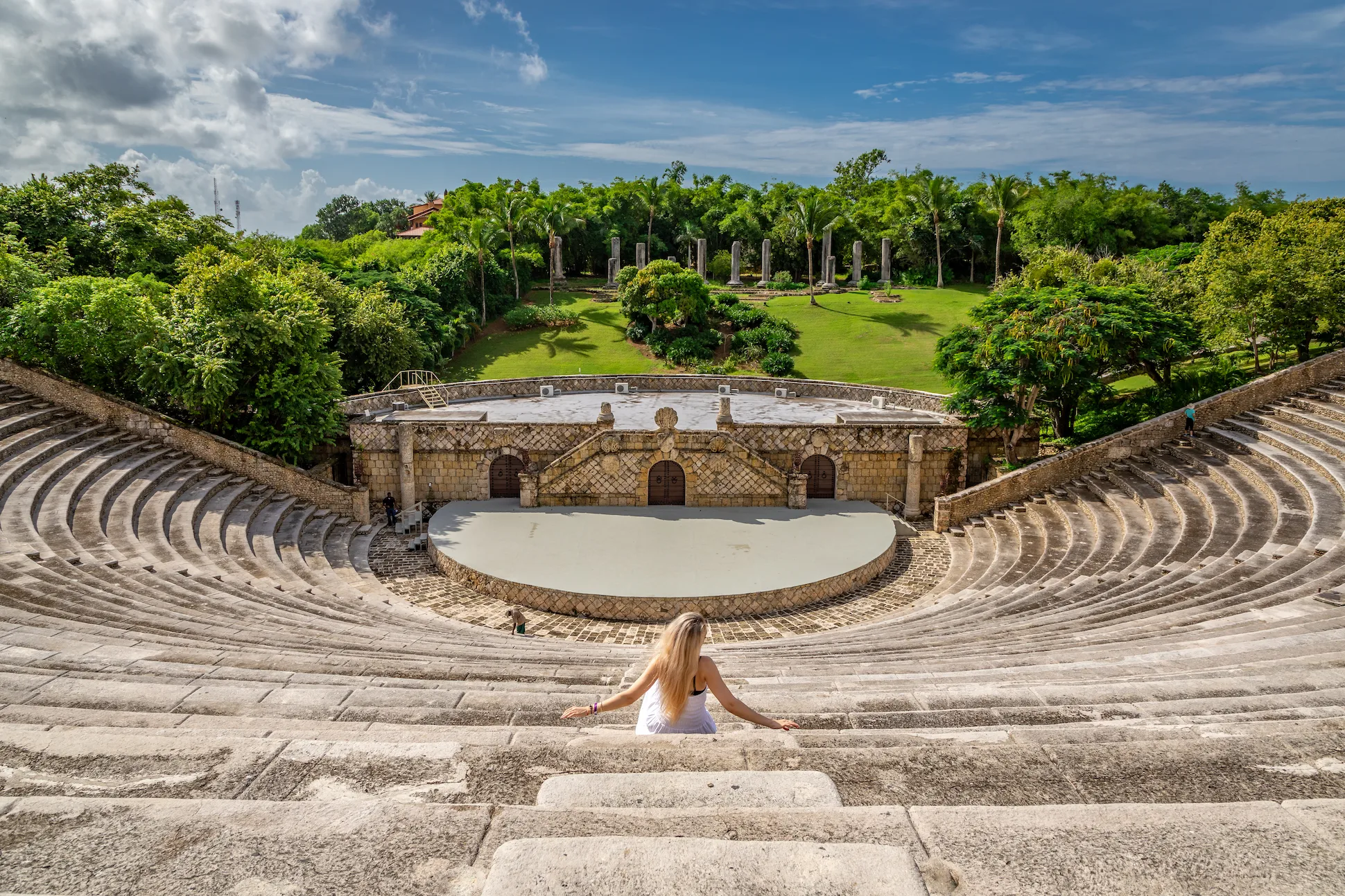 Woman sitting inside the Altos de Chavón amphitheater in La Romana, Dominican Republic.