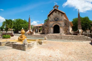Stone church and plaza at Altos de Chavón cultural village in La Romana, Dominican Republic.