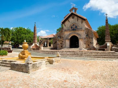 Stone church and plaza at Altos de Chavón cultural village in La Romana, Dominican Republic.