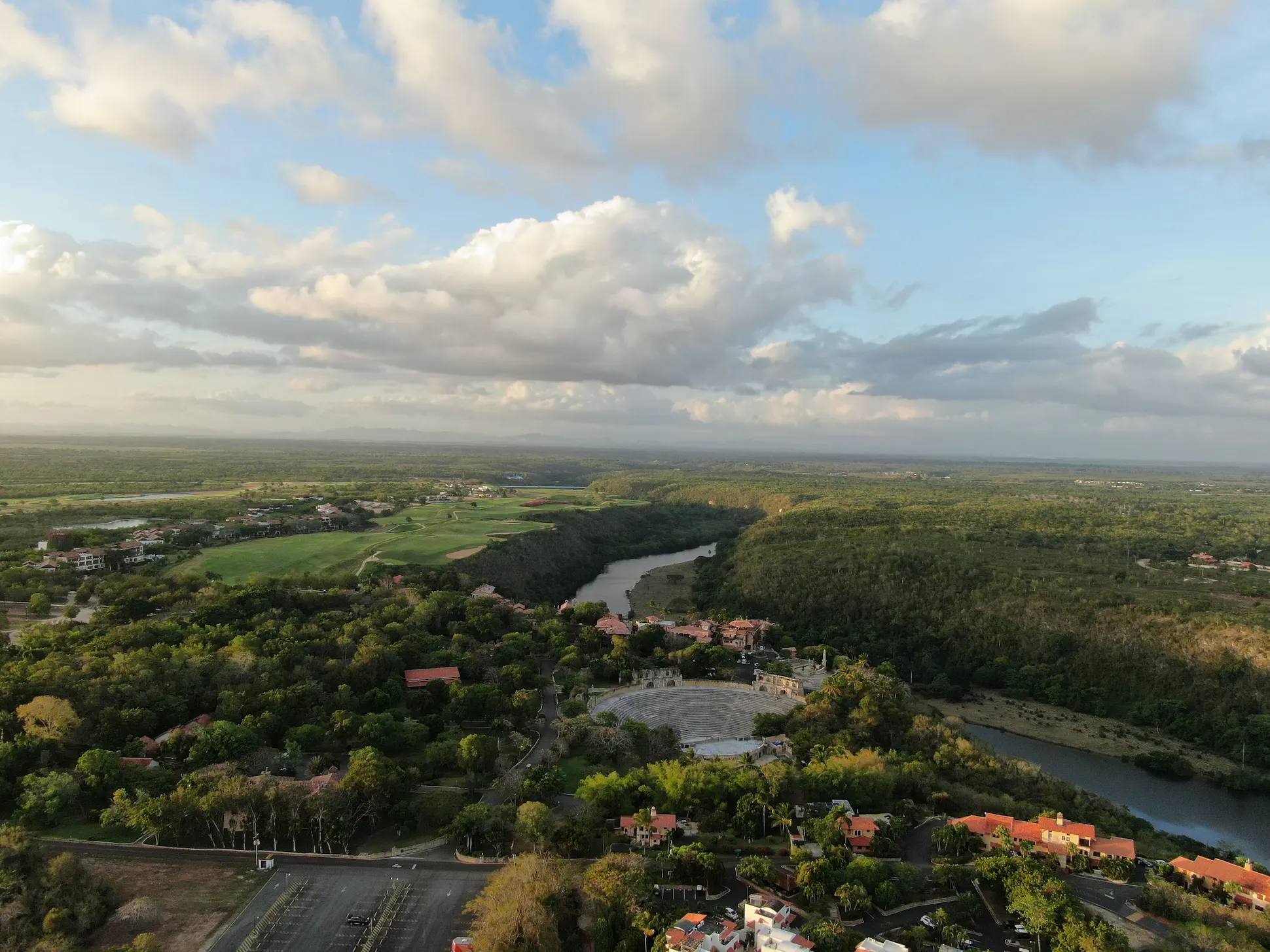 Aerial view of Altos de Chavón village and amphitheater overlooking the Chavón River valley in La Romana.