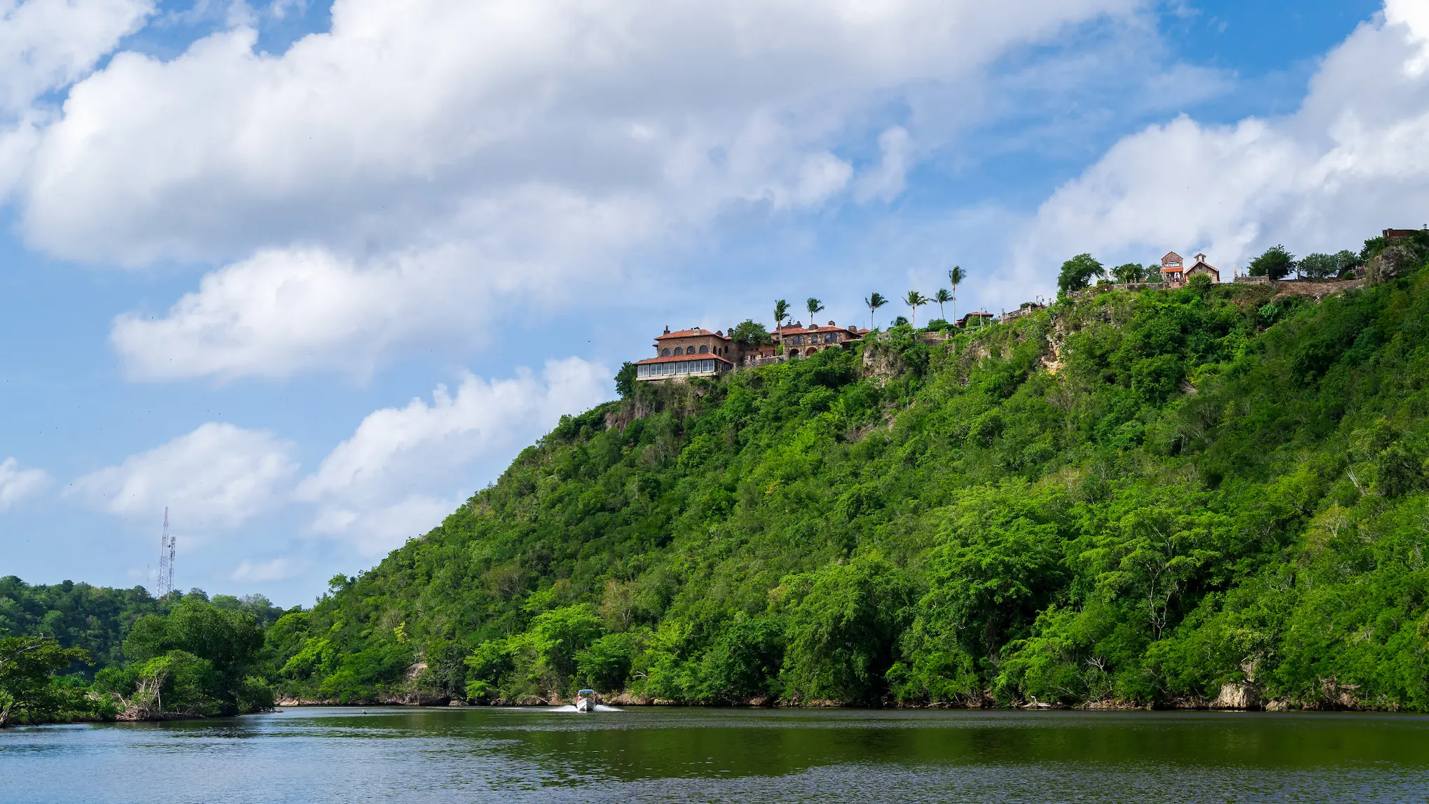 Panoramic view of Altos de Chavón village on the cliff above the Chavón River in the Dominican Republic.
