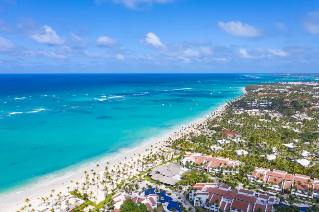 Aerial view of Bavaro Beach in Punta Cana Dominican Republic with turquoise waters and palm trees