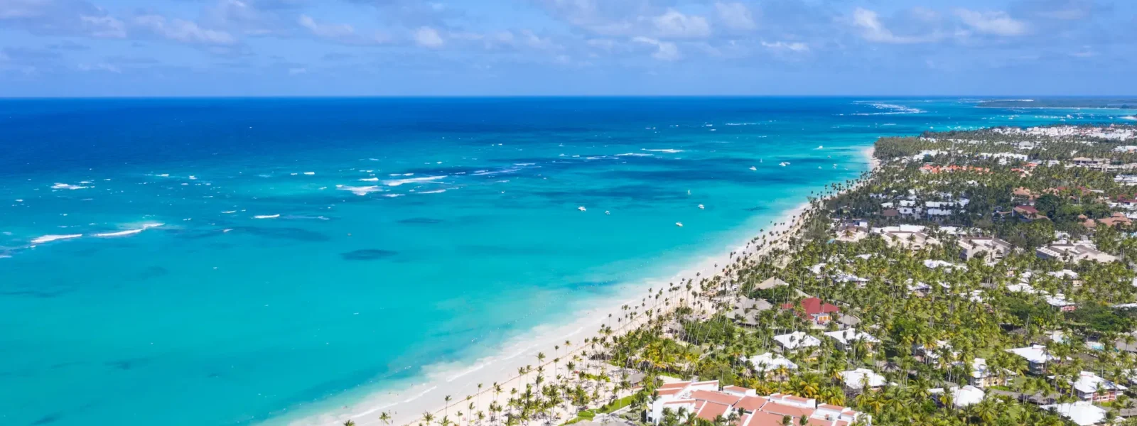 Aerial view of Bavaro Beach in Punta Cana Dominican Republic with turquoise waters and palm trees