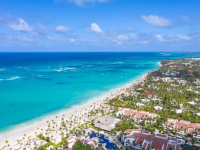 Aerial view of Bavaro Beach in Punta Cana Dominican Republic with turquoise waters and palm trees