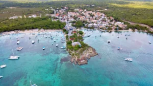 Aerial view of Bayahibe port, departure point for Isla Saona tours.