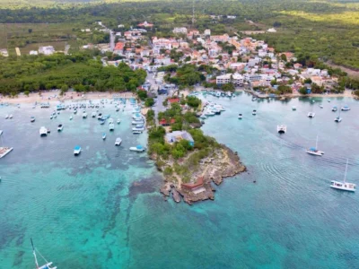 Aerial view of Bayahibe port, departure point for Isla Saona tours.