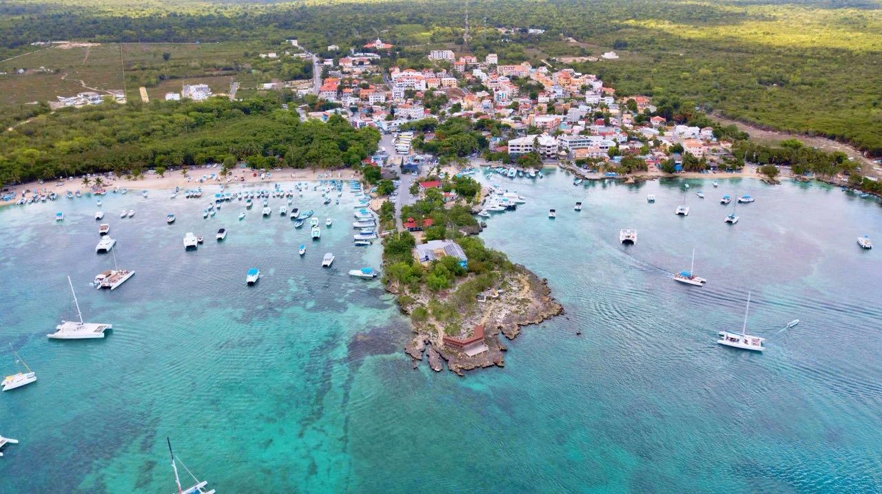 Aerial view of Bayahibe port, departure point for Isla Saona tours.