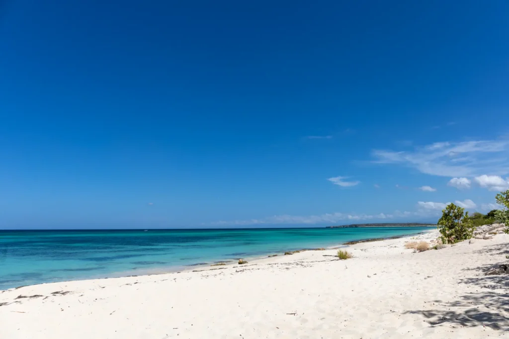 Cabo Rojo beach in Pedernales, Dominican Republic, with white sand and turquoise Caribbean waters.