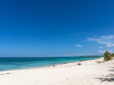 Cabo Rojo beach in Pedernales, Dominican Republic, with white sand and turquoise Caribbean waters.
