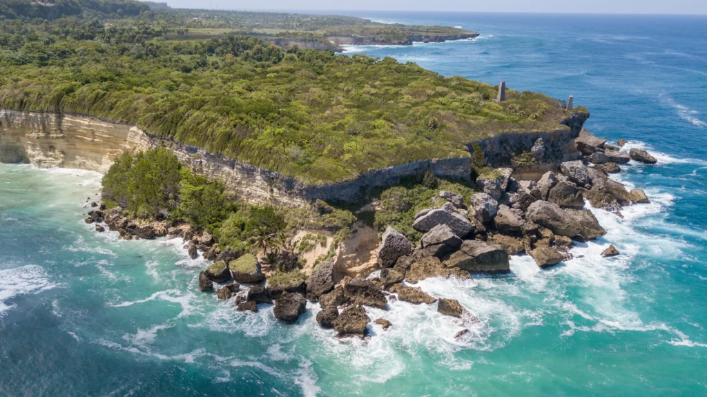 Aerial view of Cabo Francés Viejo in Cabrera, Dominican Republic, with cliffs and turquoise waters.