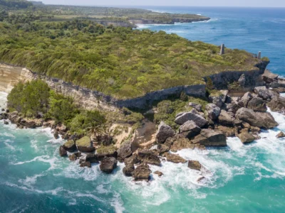 Aerial view of Cabo Francés Viejo in Cabrera, Dominican Republic, with cliffs and turquoise waters.