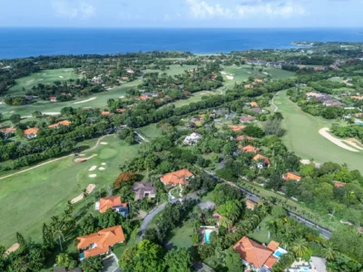 Aerial view of Casa de Campo Dominican Republic with golf courses and luxury villas.