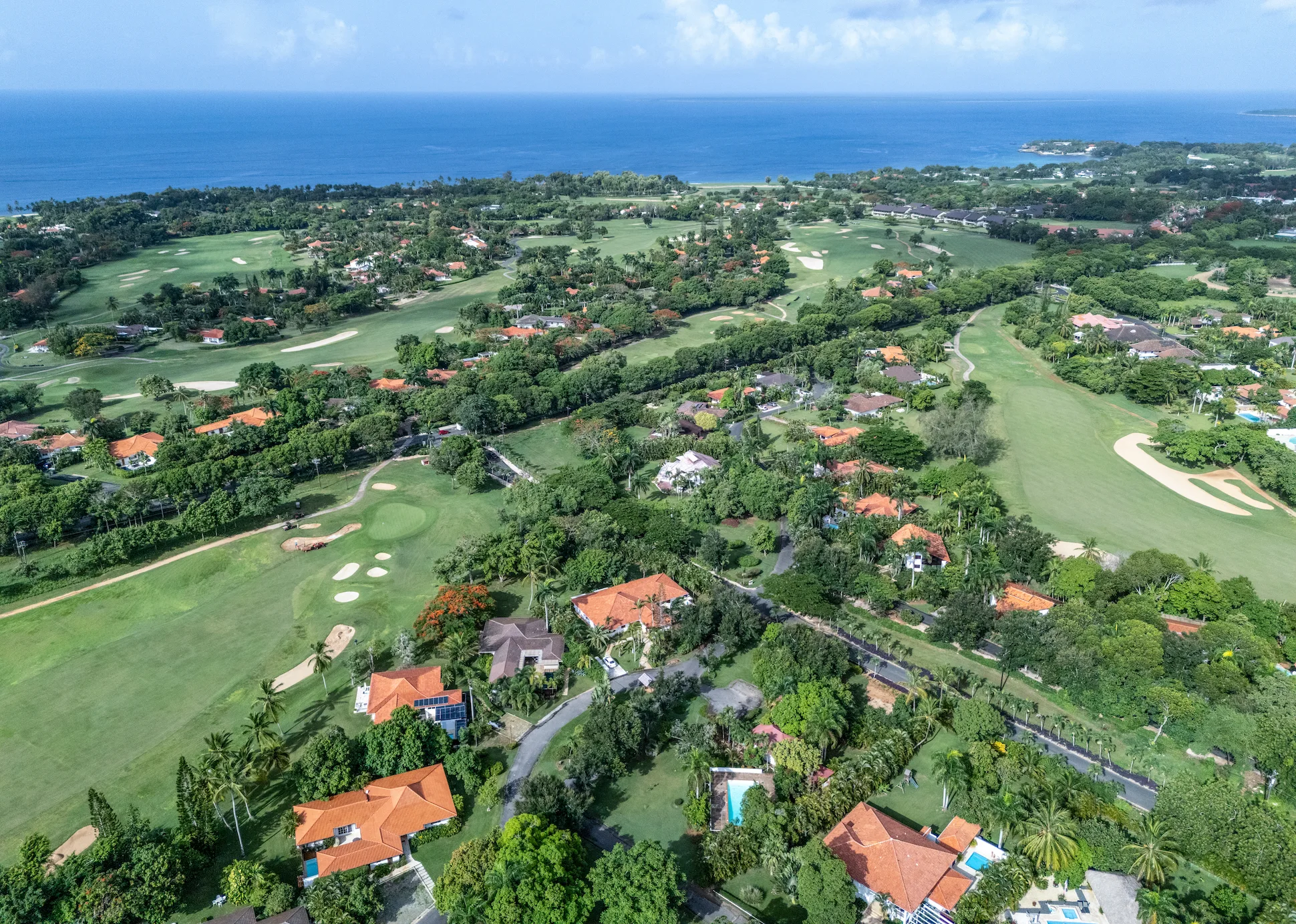 Aerial view of Casa de Campo Dominican Republic with golf courses and luxury villas.
