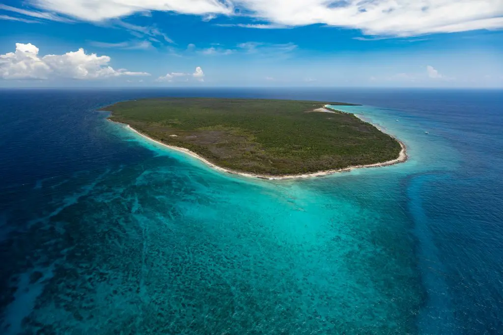 Aerial drone view of Catalina Island and surrounding coral reefs, Dominican Republic