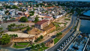 Aerial view of the Colonial Zone in Santo Domingo Dominican Republic, showing historic buildings, plazas, and the waterfront