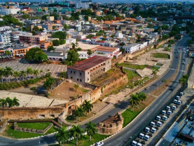 Aerial view of the Colonial Zone in Santo Domingo Dominican Republic, showing historic buildings, plazas, and the waterfront