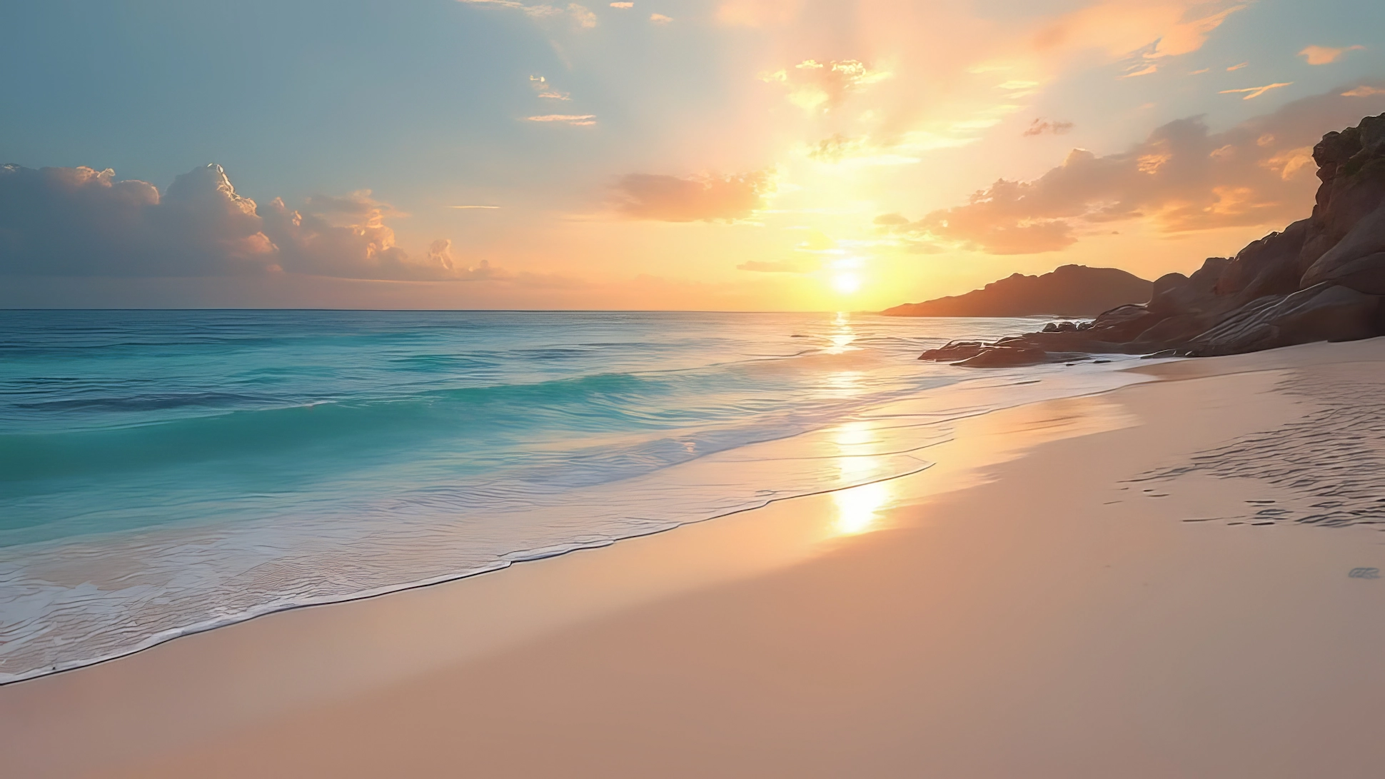 Golden sunset over a quiet beach in Pedernales, Dominican Republic, with waves reflecting warm light on the sand.