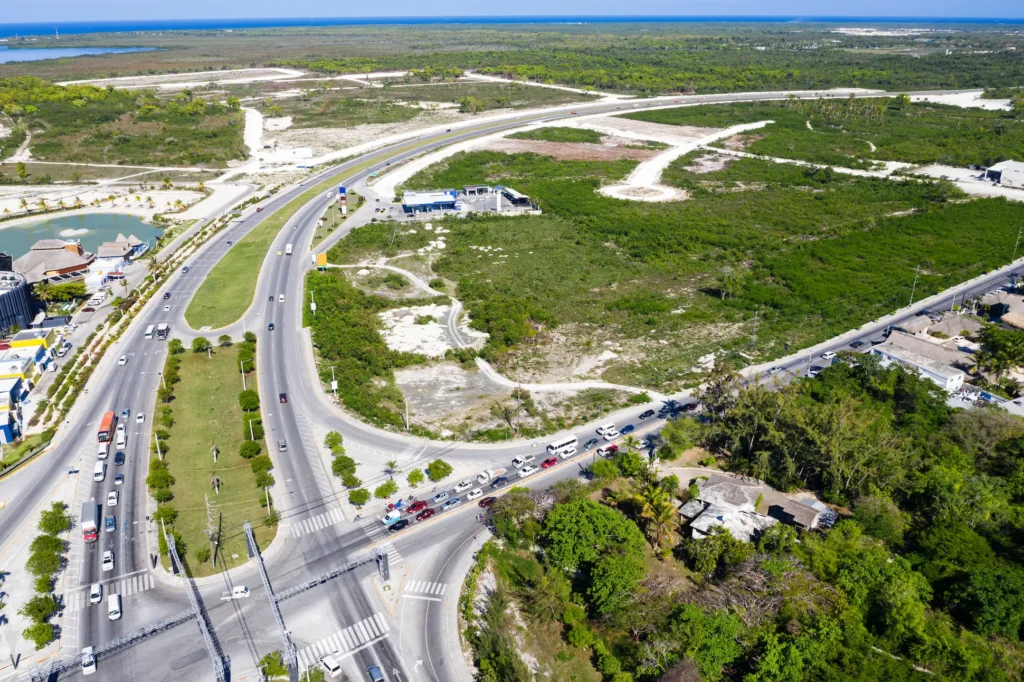 Aerial view of Downtown Punta Cana Dominican Republic with main road access and entertainment area