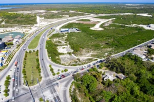 Aerial view of Downtown Punta Cana Dominican Republic with main road access and entertainment area