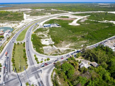 Aerial view of Downtown Punta Cana Dominican Republic with main road access and entertainment area