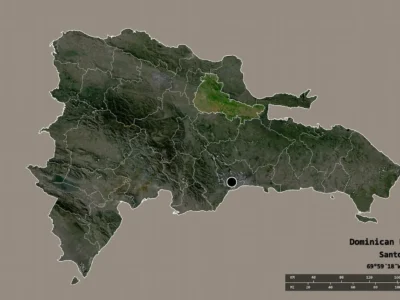 Satellite map highlighting Duarte Province in the Dominican Republic