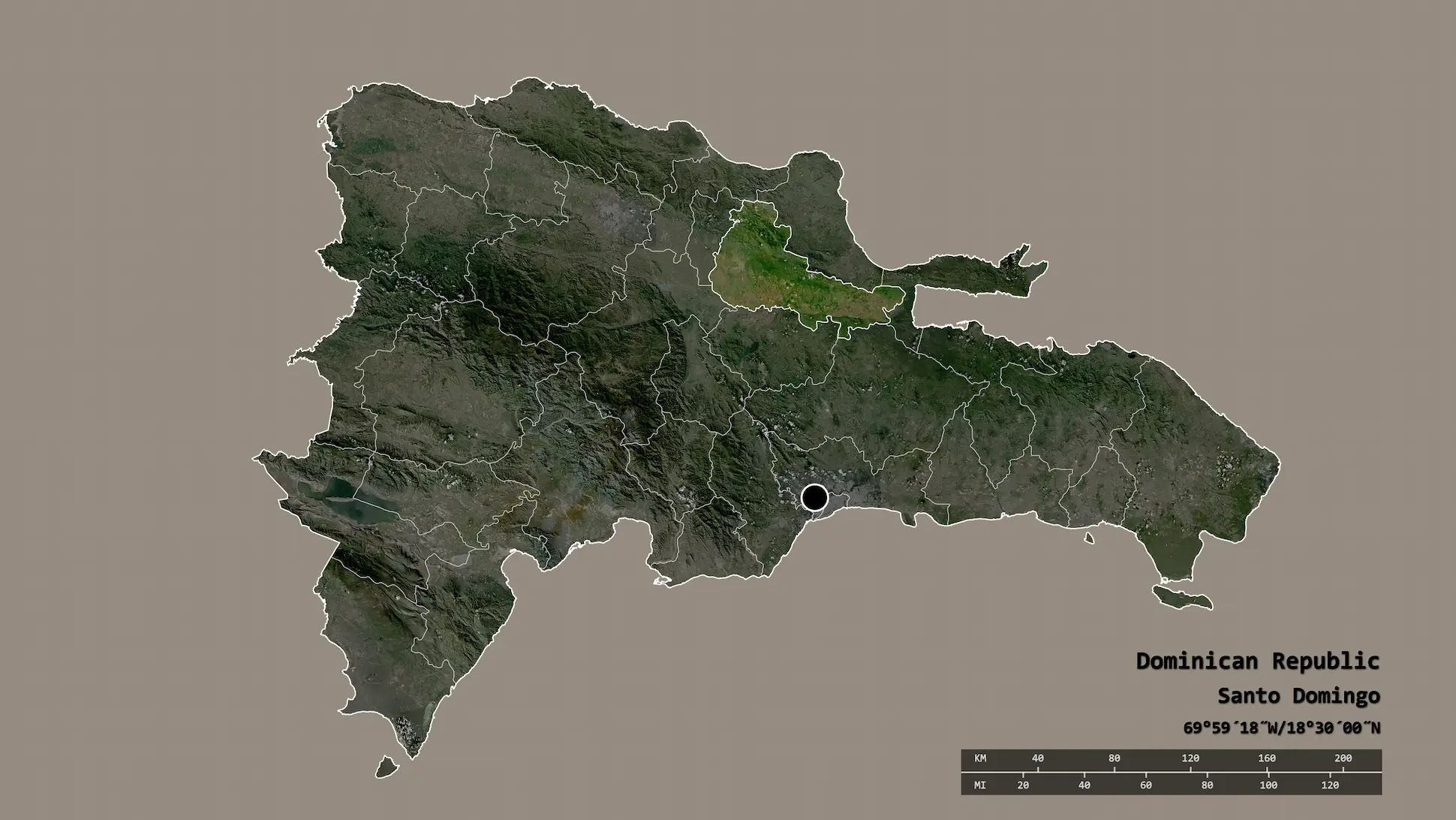 Satellite map highlighting Duarte Province in the Dominican Republic