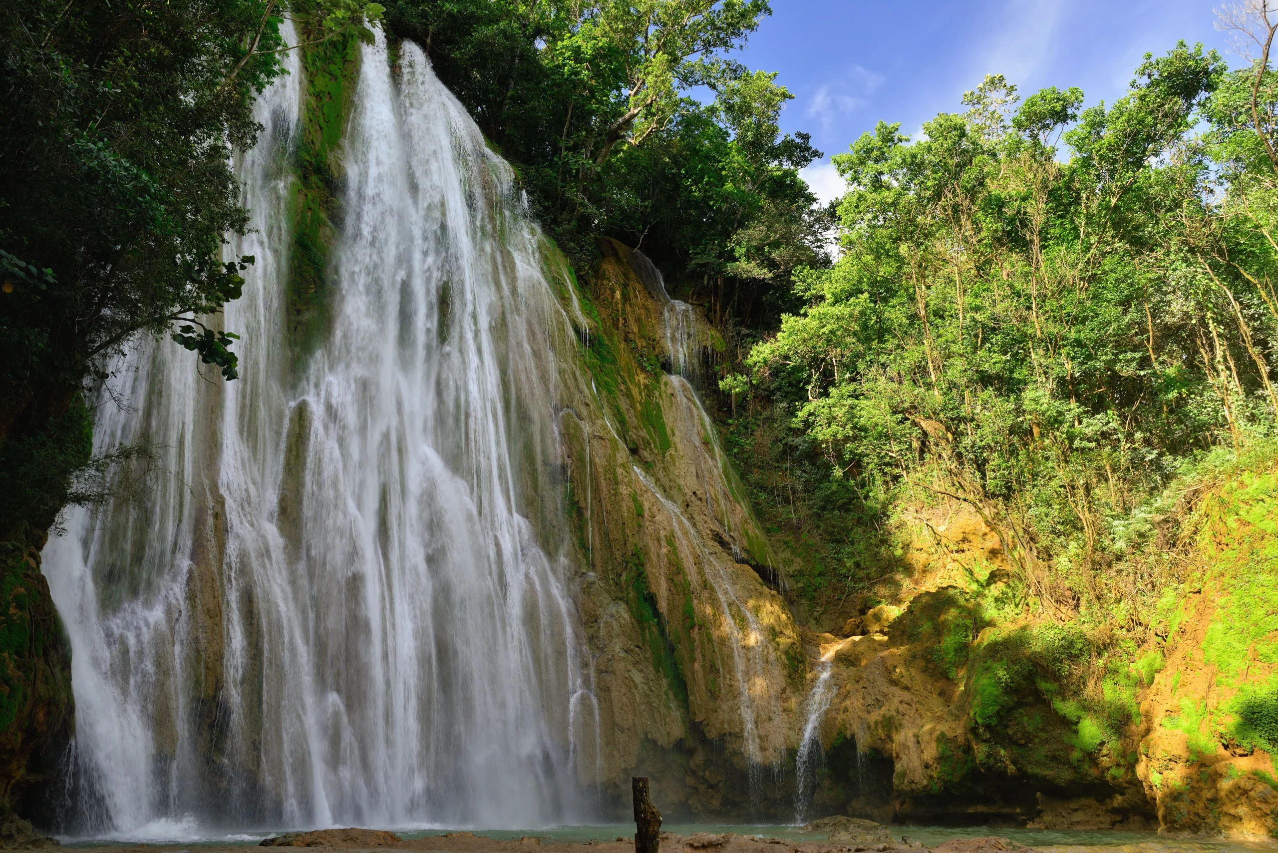 El Limón Waterfall in Samaná, Dominican Republic, surrounded by tropical jungle.