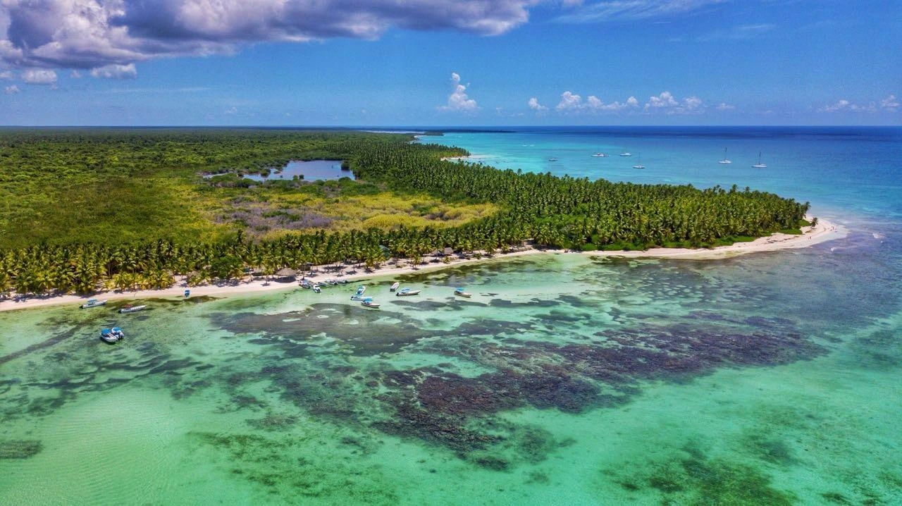Pristine beaches and turquoise waters of Isla Saona seen from above.