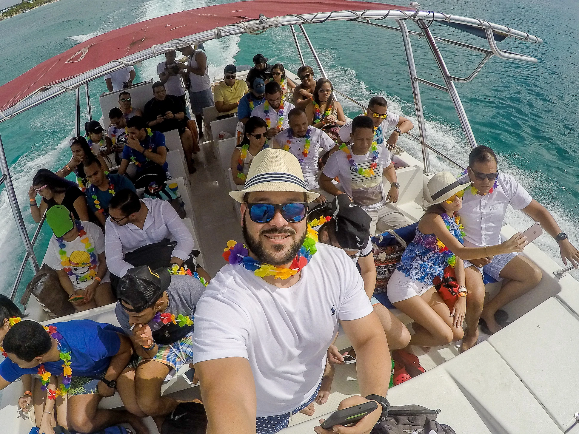 Tourists enjoying a speedboat ride from Bayahibe to Saona Island, Dominican Republic.