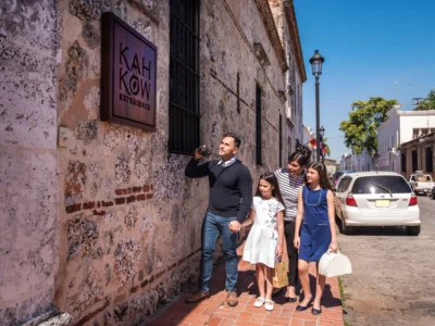 Family visiting the KahKow Experience chocolate museum in the Colonial Zone of Santo Domingo Dominican Republic