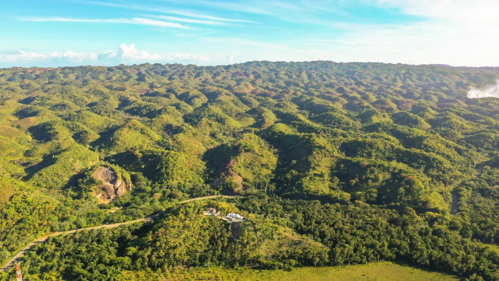 Drone view of rolling green hills and limestone formations in Los Haitises National Park